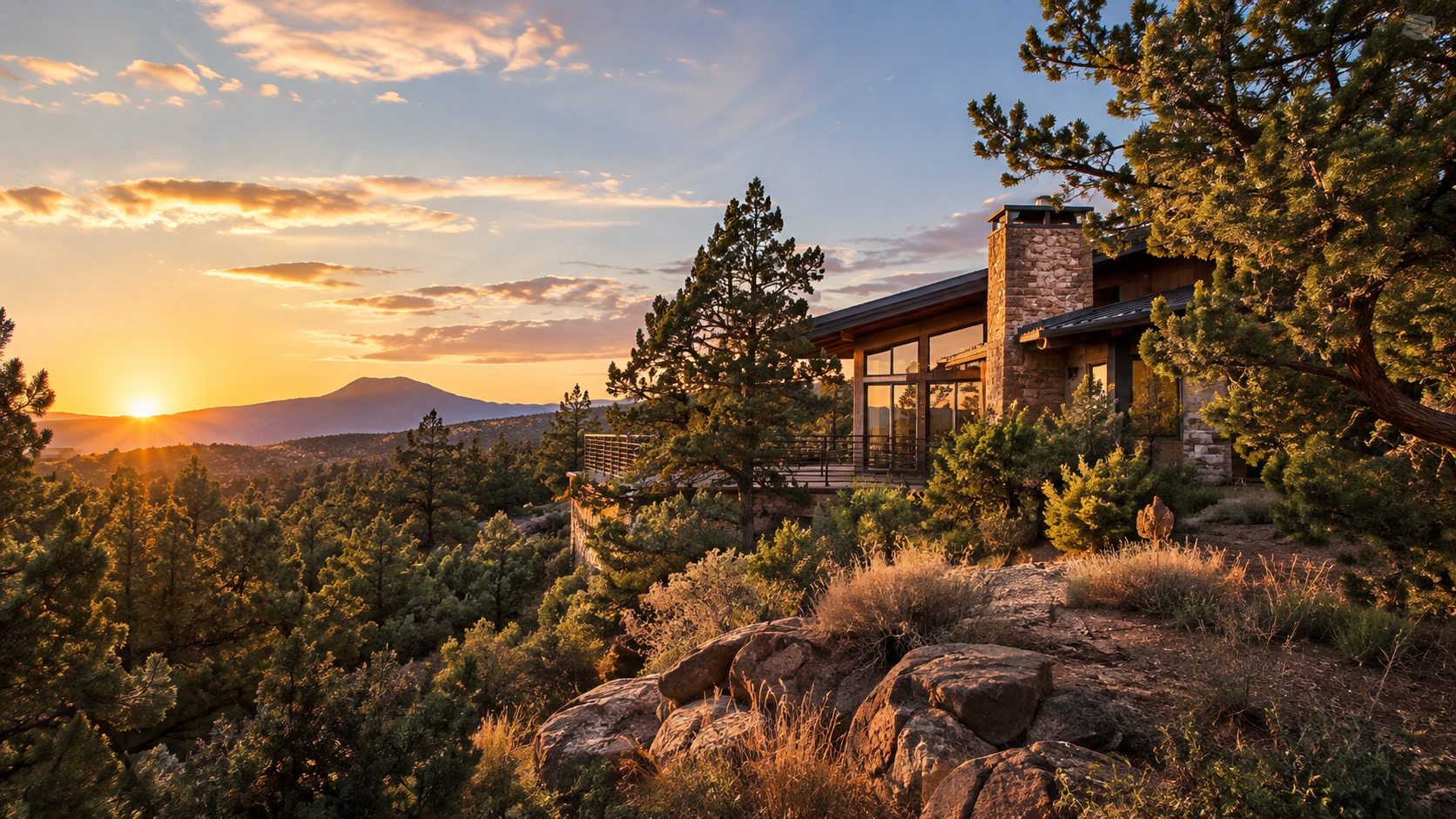 Fictional modern home in Arizona high-country piñon and pine terrain at sunset